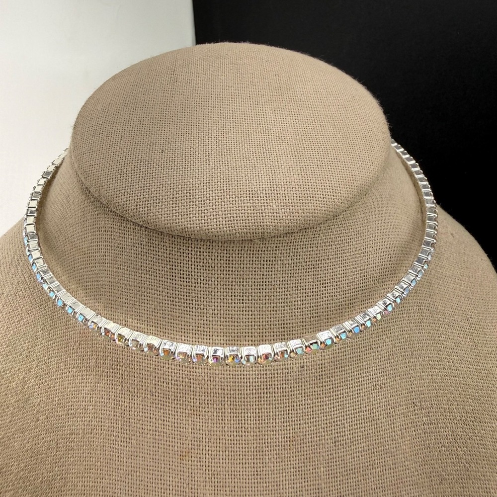 Rhinestone Collar Necklace Silver Tone AB Rhinestone 14"